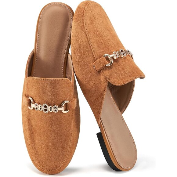 〽️Womens Brown Suede Mule Flats Buckle Slip On Closed Toe Backless Loafers
